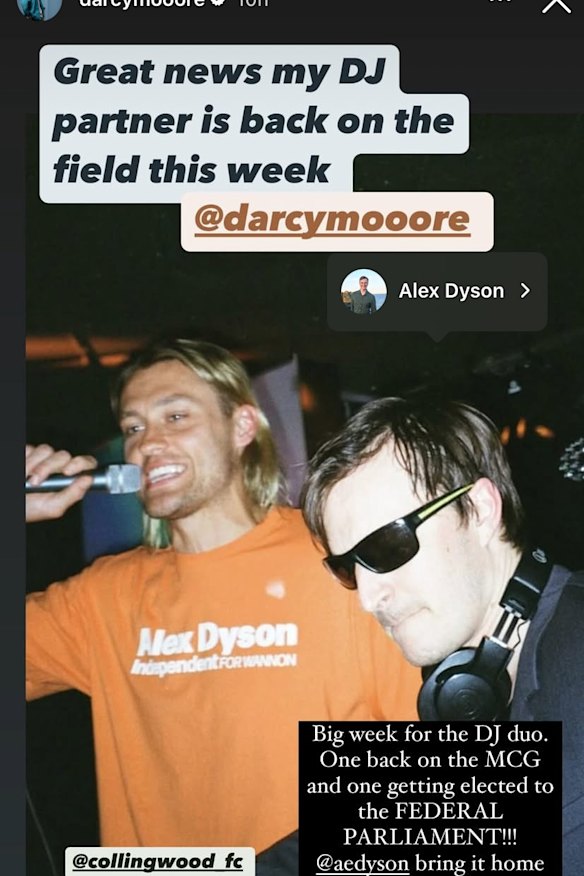 Darcy Moore endorsing his DJing buddy Alex Dyson, independent candidate for Wannon, on Friday.