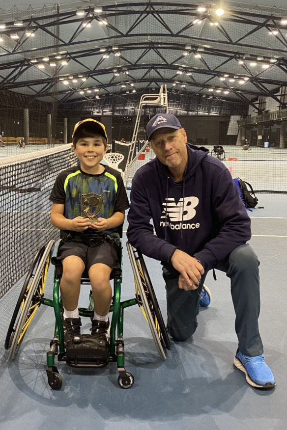 Crump with Sonny Rennison, 11, ranked 26 in the world juniors, who says wheelchair tennis “just makes me happy”.