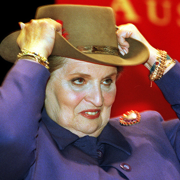 Albright with the Akubra given to her by former foreign affairs minister Alexander Downer during her visit to Australia in 1998. 