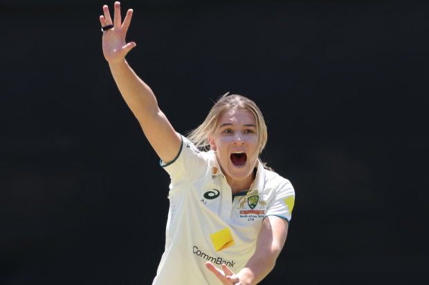 Australian bowler Annabel Sutherland celebrates after claiming the wicket of Tazmin Brits.
