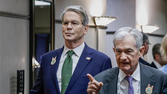US Treasury Secretary Scott Bessent (left) is touted as a possible successor for Fed chair Jerome Powell (right).