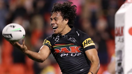 Panthers five-eighth Jarome Luai celebrates his try against the Eels on Friday night.
