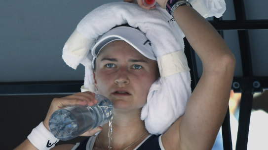Czech tennis player Barbora Krejcikova cools down during a break in her quarter-final at the 2022 Australian Open.