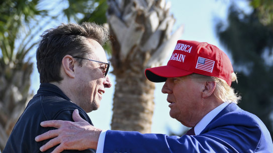 President-elect Donald Trump greets Elon Musk before the launch of the sixth test flight of the SpaceX Starship rocket.