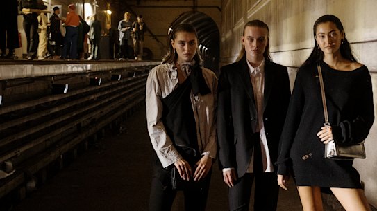 Models wearing the genderless collection by Nique at Sydney's St James Station.