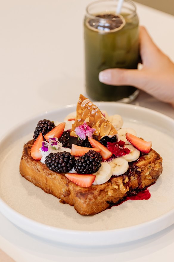 French toast with vanilla and amaretto poached pear.