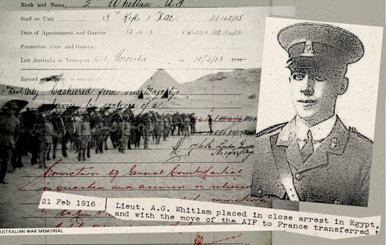 Gordon Whitlam spent decades trying to overturn a court-martial after he was wrongly convicted of theft while in Egypt in 1915-16.