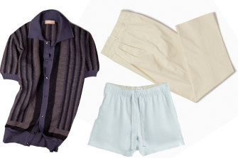 Riviera knit polo, $385, Christian Kimber; lounge shorts, $90, Venroy; Chinos, $350, P Johnson.