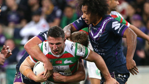 The full 80: Sam Burgess had a tough night against the Storm.
