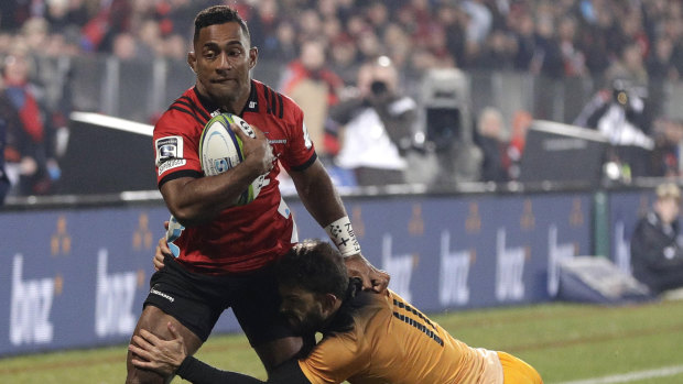 No conviction recorded: Sevu Reece is tackled by Ramiro Moyano during the Super Rugby final between the Crusaders and the Jaguares in Christchurch.