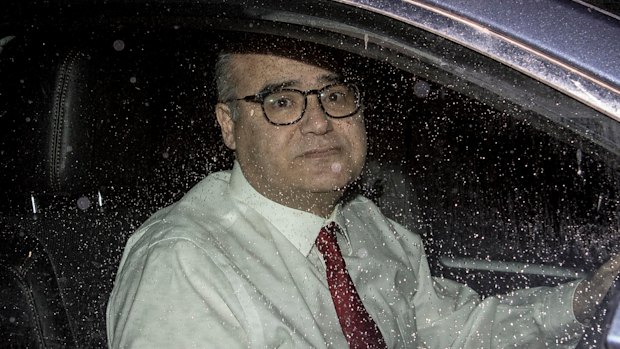 Former Victorian cabinet minister Adem Somyurek leaves his home in Lynbrook on Monday morning. 