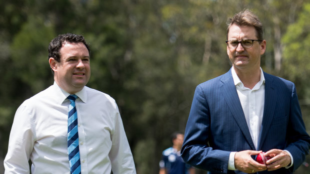 NSW Sports Minister Stuart Ayres (left) and Cricket NSW CEO Andrew Jones at Wilson Park on Monday.
