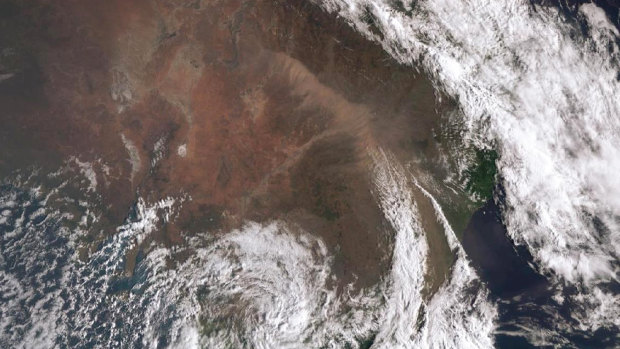 The cloud of dust moving across NSW as seen from a satellite. 