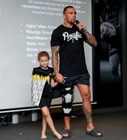 James Fisher-Harris with his knee heavily strapped at a Panthers cultural event during the week