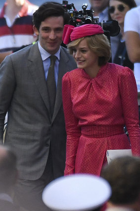 Actress Emma Corrin as Princess Diana on set for season four of Netflix's The Crown with Josh O'Connor as Prince Charles. 