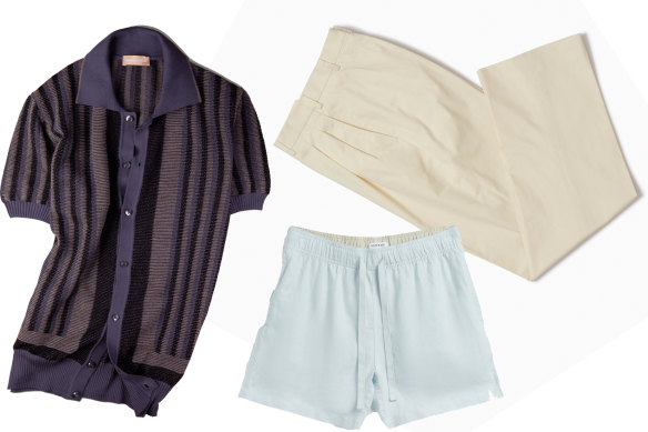 Riviera knit polo, $385, Christian Kimber; lounge shorts, $90, Venroy; Chinos, $350, P Johnson.
