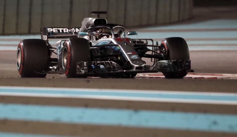 Lewis Hamilton steers his Mercedes to victory in the Emirates Formula One Grand Prix at the Yas Marina racetrack in Abu Dhabi on Sunday.