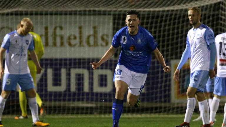 Underdog: Liam Boland celebrates Avondale FC's first goal during their FFA Cup quarter-final against Sydney FC.