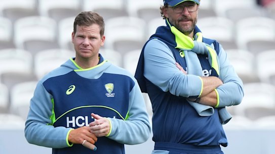Steve Smith at Lord’s with Australian bowling coach Dan Vettori.