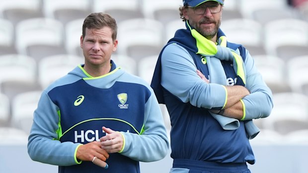 Steve Smith at Lord’s with Australian bowling coach Dan Vettori.