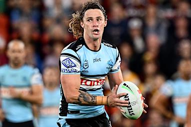 Nicho Hynes of the Sharks in action during the round 18 NRL match between Brisbane Broncos and Cronulla Sharks at Suncorp Stadium, on July 04, 2026, in Brisbane, Australia.