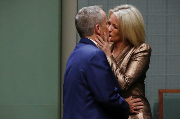 Chloe congratulates her husband following his Budget reply speech at Parliament House in 2017. 