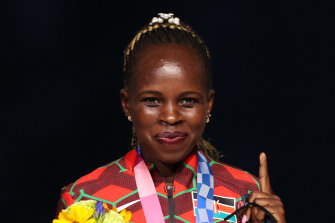 Gold medallist Peres Jepchirchir of Kenya at the medal ceremony during the closing of the Tokyo Games.