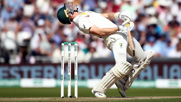 Doing the limbo: Marnus Labuschagne ducks under a bouncer at Headingley on Saturday.