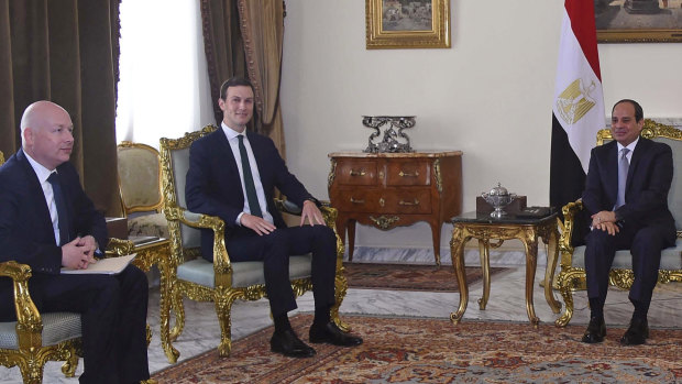 Jared Kushner, centre, meets with Egyptian President Abdel-Fattah al-Sissi, right, and Midlle East envoy Jason Greenblatt in Cairo on the latest stop in a regional tour to discuss a blueprint for an Israeli-Palestinian peace deal.