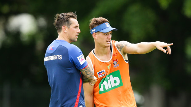 Focused: Kalyn Ponga (right) and Mitchell Pearce have been linked with lucrative, long-term contracts at Newcastle.