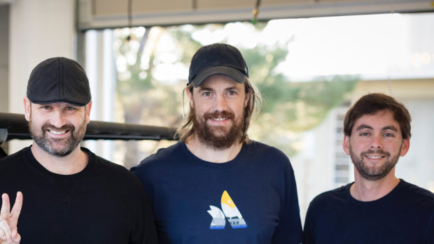 Tim Kentley-Klay (left) with Mike-Cannon Brookes and Jesse Levinson