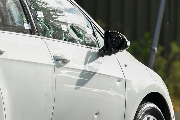 Bullet holes in Sherwani’s car at the Caroline Springs crime scene.
