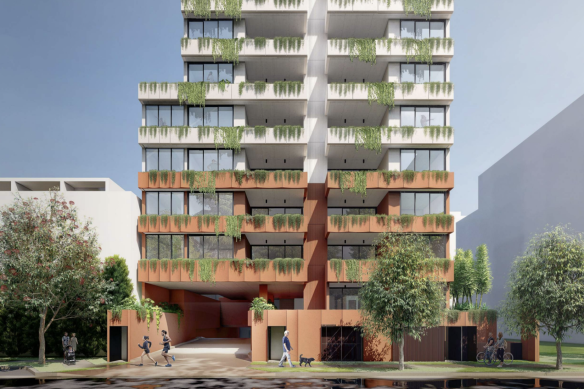 An artists impressions of the proposed “Ferry Road Apartments” in West End from plans Plans submitted to Brisbane City Council.
