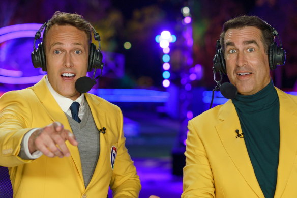 American comedian Rob Riggle (right, pictured with Matt Shirvington) provides an endless stream of corny, innuendo-filled gags on Holey Moley.