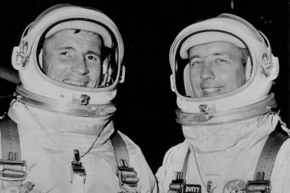 Despite troubles with their Gemini 4 spacecraft, astronauts Edward White, left, and James McDivitt posed smilingly in their space suits at Cape Kennedy.