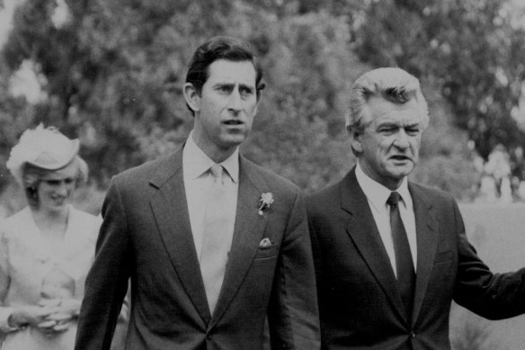 Prince Charles & Bob Hawke, followed by Princess Diana, at Parliament House. March 25, 1983. 