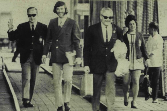 Australian table tennis team members Noel Shorter, Stephen Knapp, John Jackson, and Ann McMahon cross into Hong Kong in May 1971 after a two-week visit to China. 