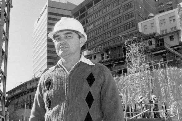 Stan Sharkey was president of the Building Workers Industrial Union, and is seen here on the site of the Grosvenor Building in Sydney in 1984.