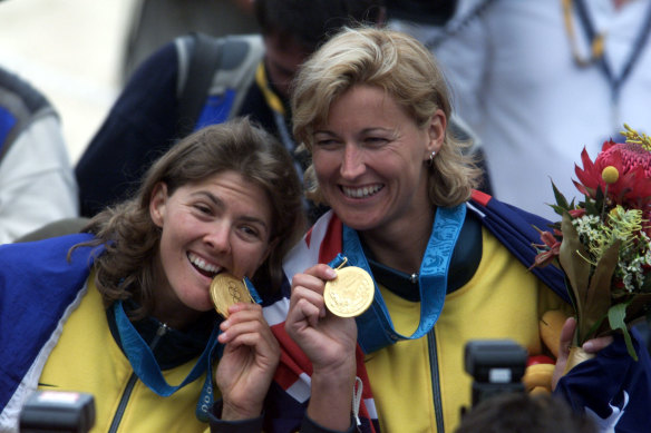 Natalie Cook and Kerri Pottharst celebrate their gold medal triumph.