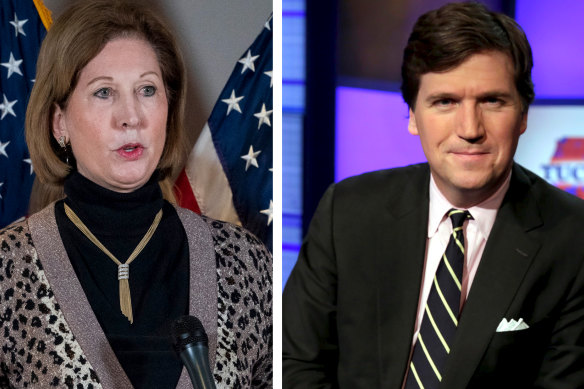 Trump's lawyer Sidney Powell, left, and Fox News host Tucker Carlson.