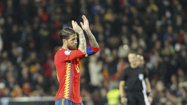 Spain's Sergio Ramos celebrates after scoring his side's second goal against Norway.