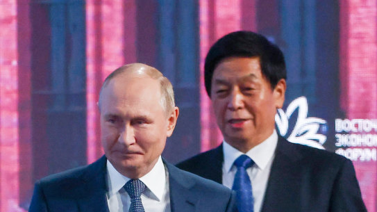 Chairman of China’s National People’s Congress Li Zhanshu with Russian President Vladimir Putin at the Eastern Economic Forum in Vladivostok last week.