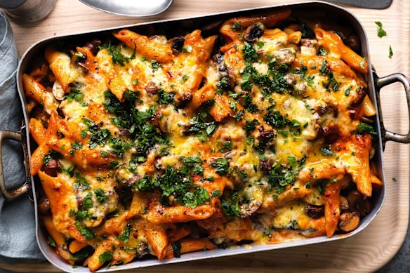 Adam Liaw's mushroom and spinach stroganoff pasta bake.