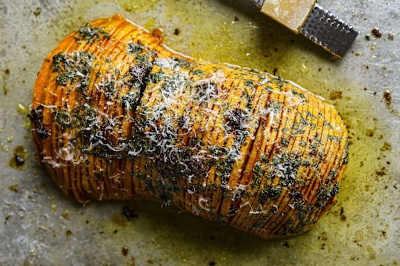 Give a pumpkin half the Hasselback treatment.