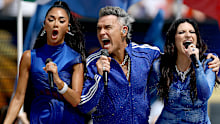 Nicole Scherzinger, Robbie Williams and Laura Pausini perform before the FIFA World Cup 2026 Final match between Spain and Argentina