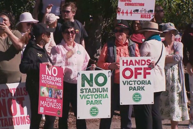 Protesters at Victoria Park opposed to the construction of a new Olympic stadium.