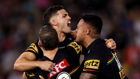 Nathan Cleary celebrates after booting his team to victory in golden point.