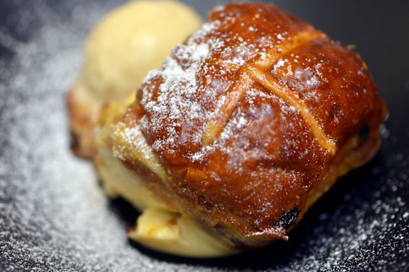 Hot cross bun, bread and butter pudding for Easter (or post-Easter).
