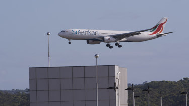 The SriLankan Airlines flight as it landed at Melbourne Airport on Monday morning.