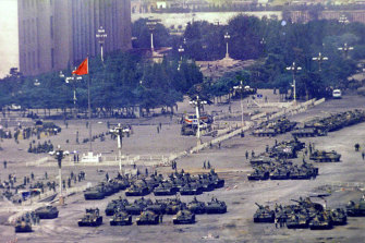 Troops and tanks gather in Beijing on June 5, 1989, one day after the military crackdown.
